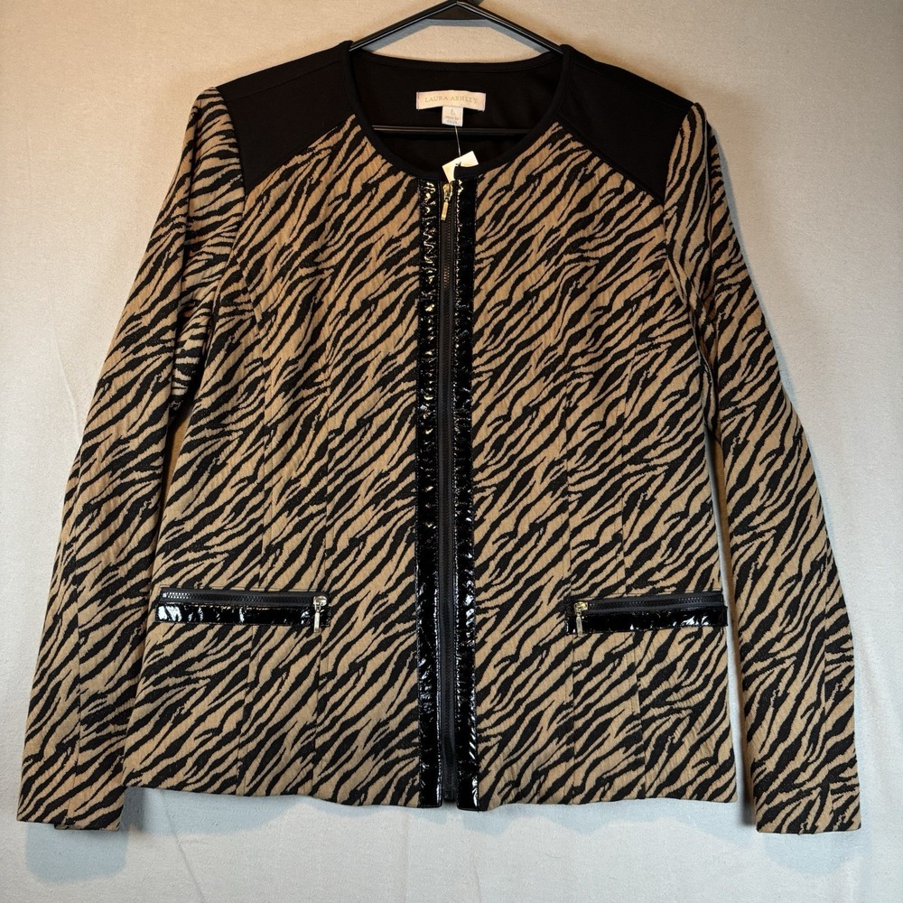 Laura Ashley Zebra Print Full Zip Blazer Style Jacket Black Brown Leather‎ Large